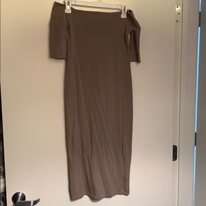 Strapless off the shoulder fitted taupe dress